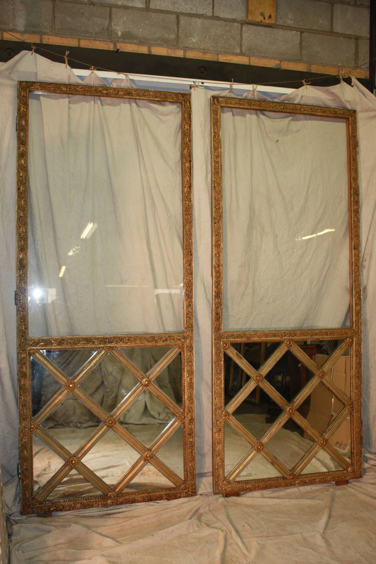 Sublime Pair of 19th Century French Doors.  The frame is carved of gilted grapes and leaves. They are inside doors. Provenance : South of France