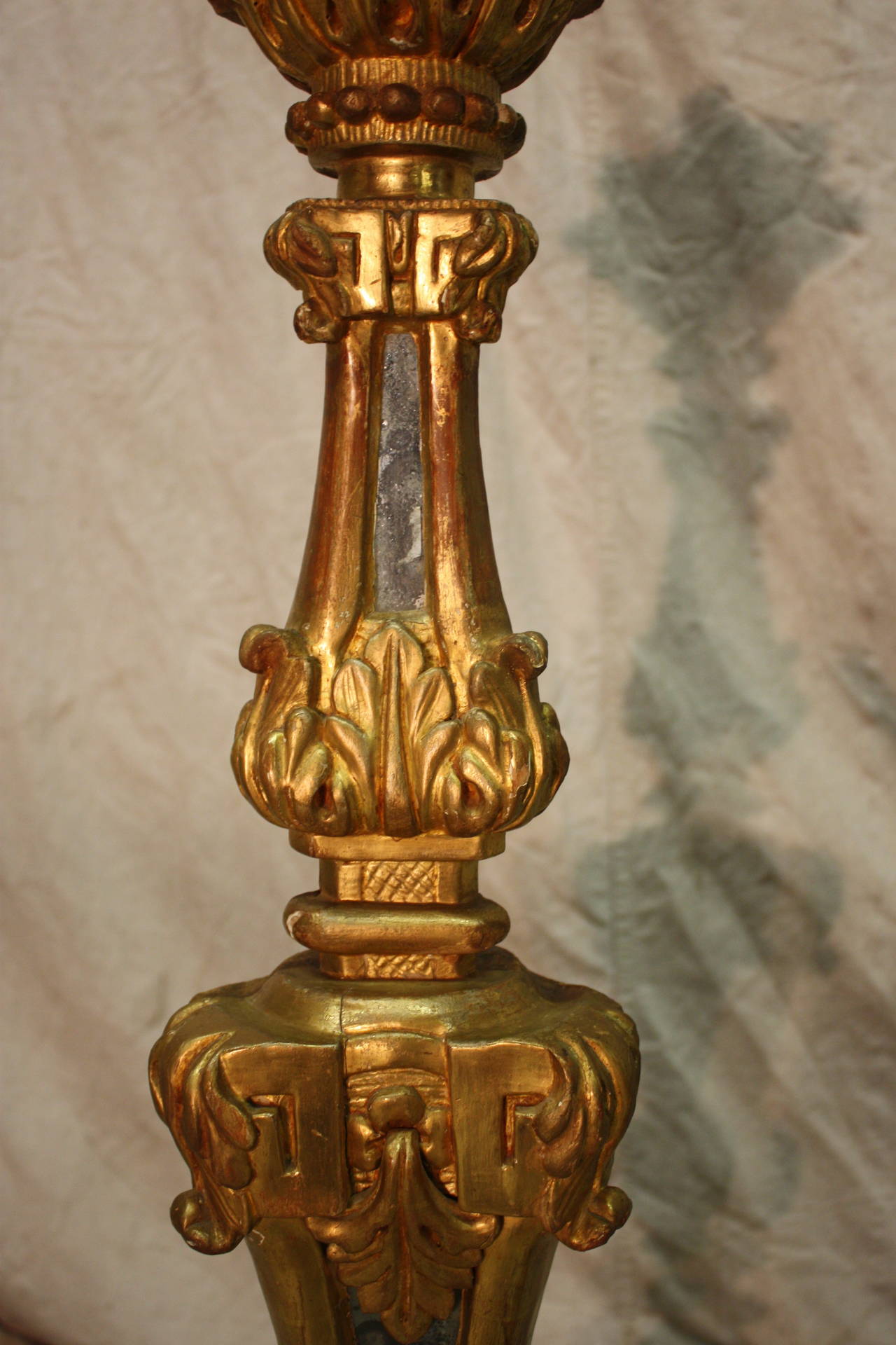 Mercury Glass Italian 18th Century Giltwood Candlesticks For Sale