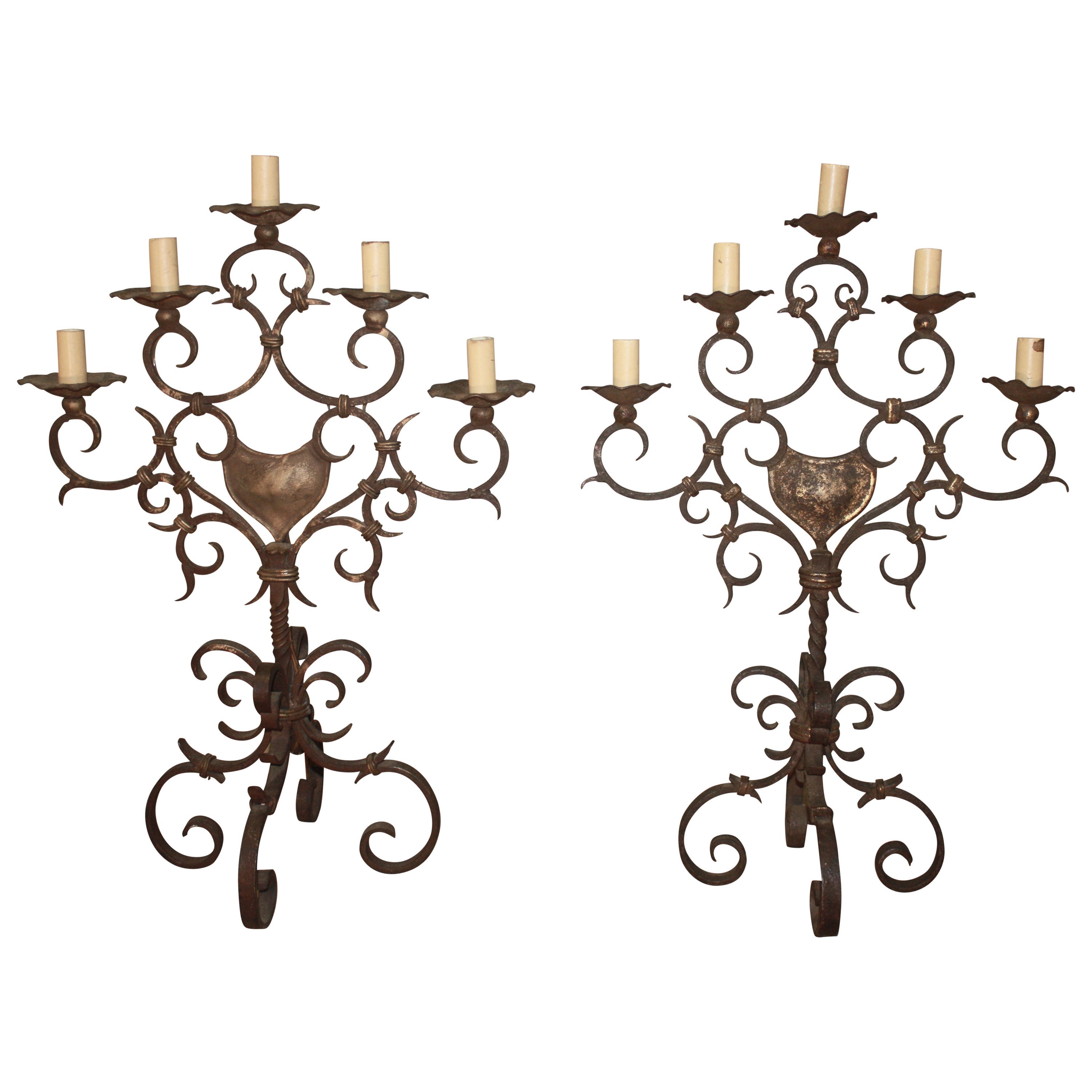 Pair of 19th Century, French Iron Candelabra For Sale