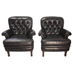 Pair of Black Leather Club Chairs