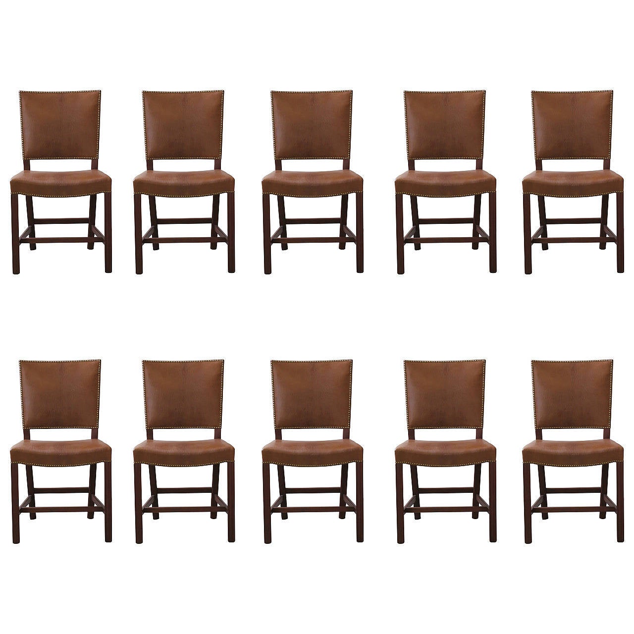 Early Set of 10 Teak and Nigerian Goatskin “Red Chairs” by Kaare Klint