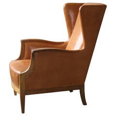 1930s Wingback Chair in Nigerian Leather and Oak by Frits Henningsen