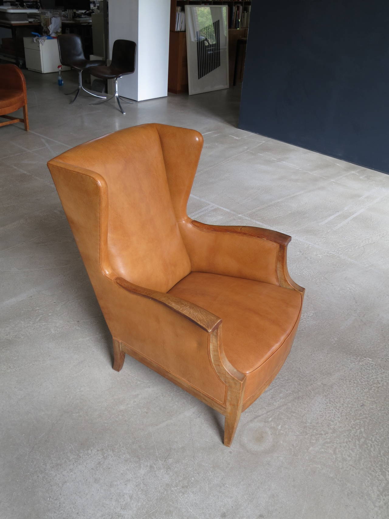 Scandinavian Modern 1930s Wingback Chair in Nigerian Leather and Oak by Frits Henningsen