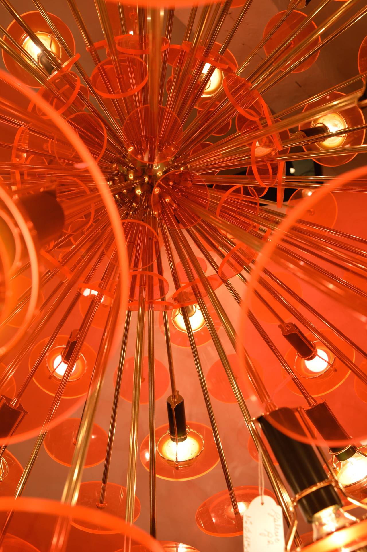 Contemporary Important Chandelier in Brass and Orange Plexiglass For Sale