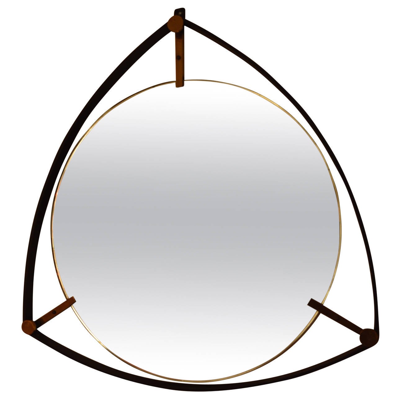 Italian Triangular Mirror with frame in steel and brass circa 1950 For Sale