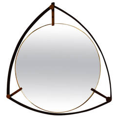 Italian Triangular Mirror with frame in steel and brass circa 1950