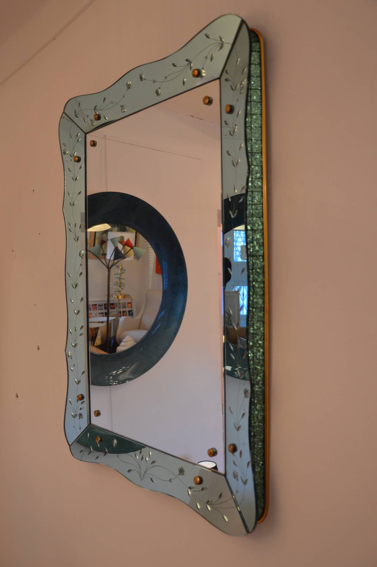 Mid-Century Modern Important Italian Mirror in Glass Blue and Green, circa 1950 For Sale