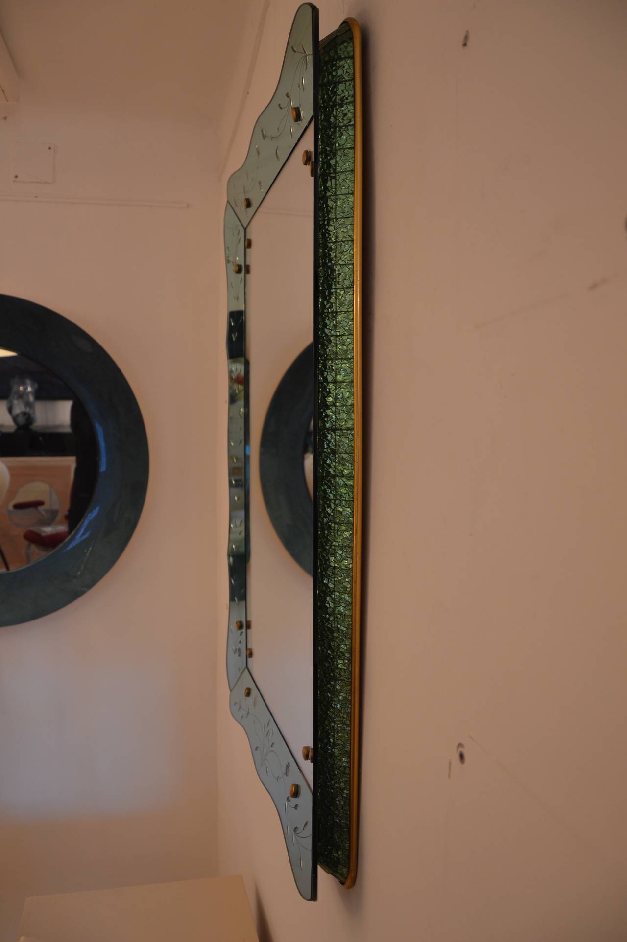 Mid-20th Century Important Italian Mirror in Glass Blue and Green, circa 1950 For Sale