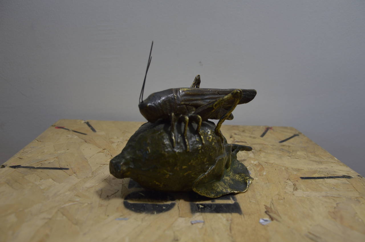 Sculture in bronze representing a grasshopper or a locust on a lemon. Green patina. 
Measures :  H : 15cm  L : 18cm   D : 11