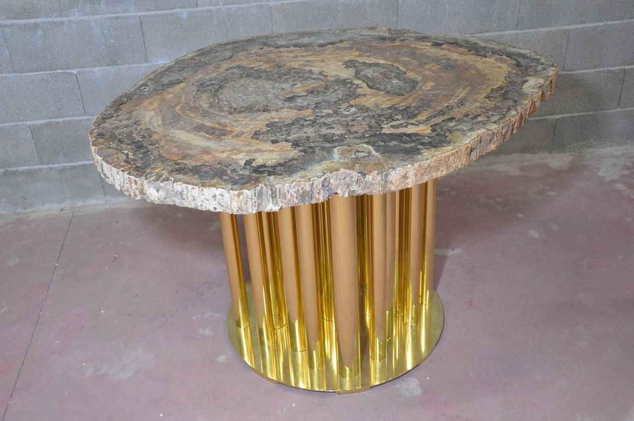 Dining Table or Pedestal Table in Fossilized Wood with Feet in Brass