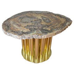 Dining Table or Pedestal Table in Fossilized Wood with Feet in Brass Dining Table or Pedestal Table in Fossilized Wood with Feet in Brass
