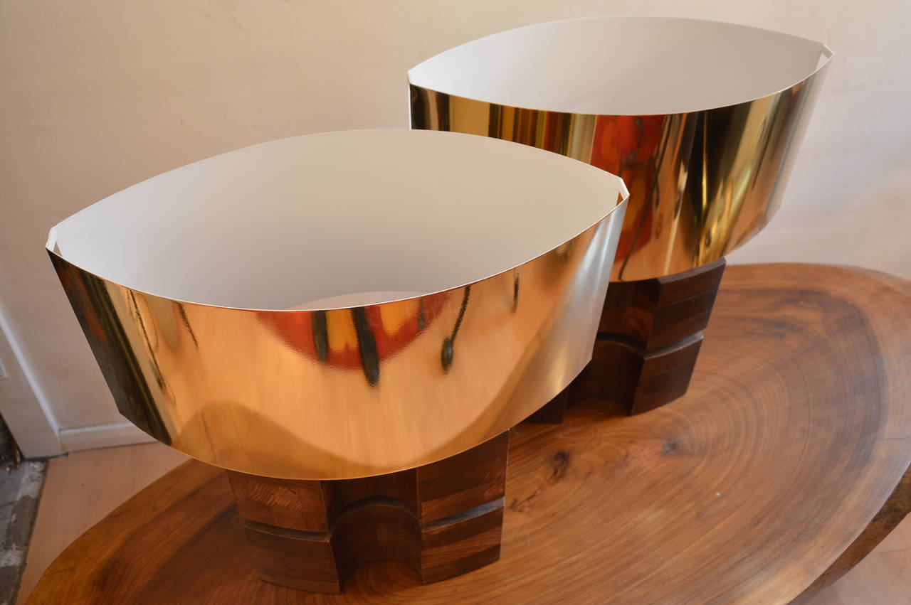 Pair of Table Lamps in Wood with Lamp Shades In Brass