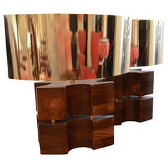 Pair of Table Lamps in Wood with Lamp Shades In Brass