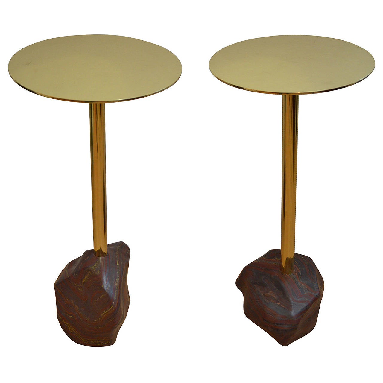 Pair of pedestals tables in brass with striped iron stone from Madagascar feet For Sale