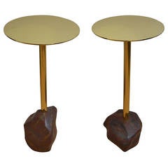 Pair of pedestals tables in brass with striped iron stone from Madagascar feet