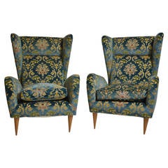 Vintage Pair of Turquoise shaved velvet armchairs in motive for flowers
