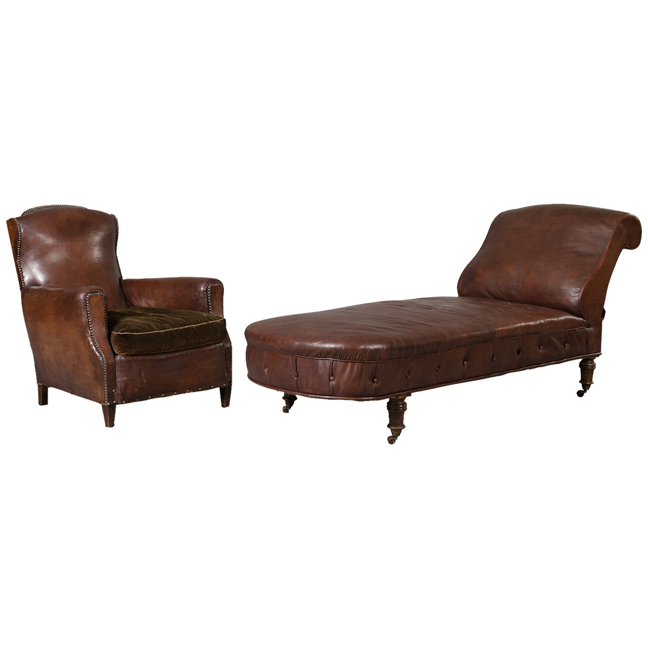 Leather Armchair and Sofa Set from 1930s Psychoanalyst