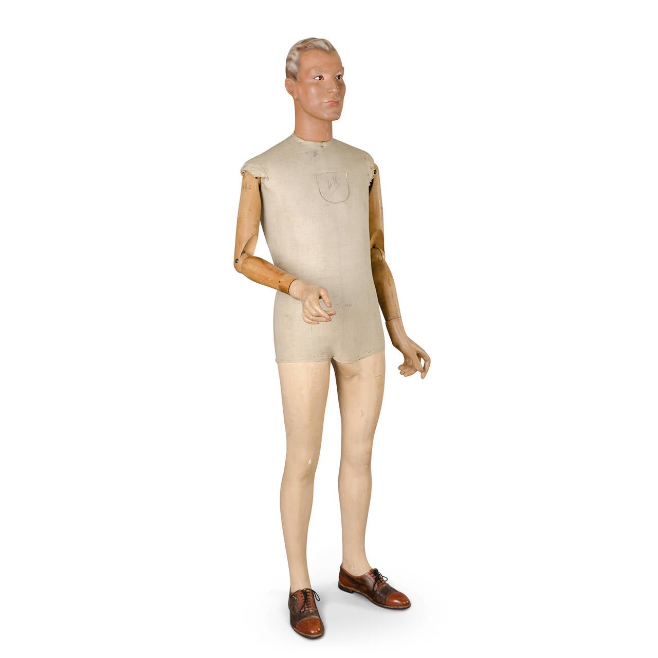 Man model mannequin signed Pierre IMANS - Paris. Plaster head, legs and hands. Wood articulated arms. Glass eyes.