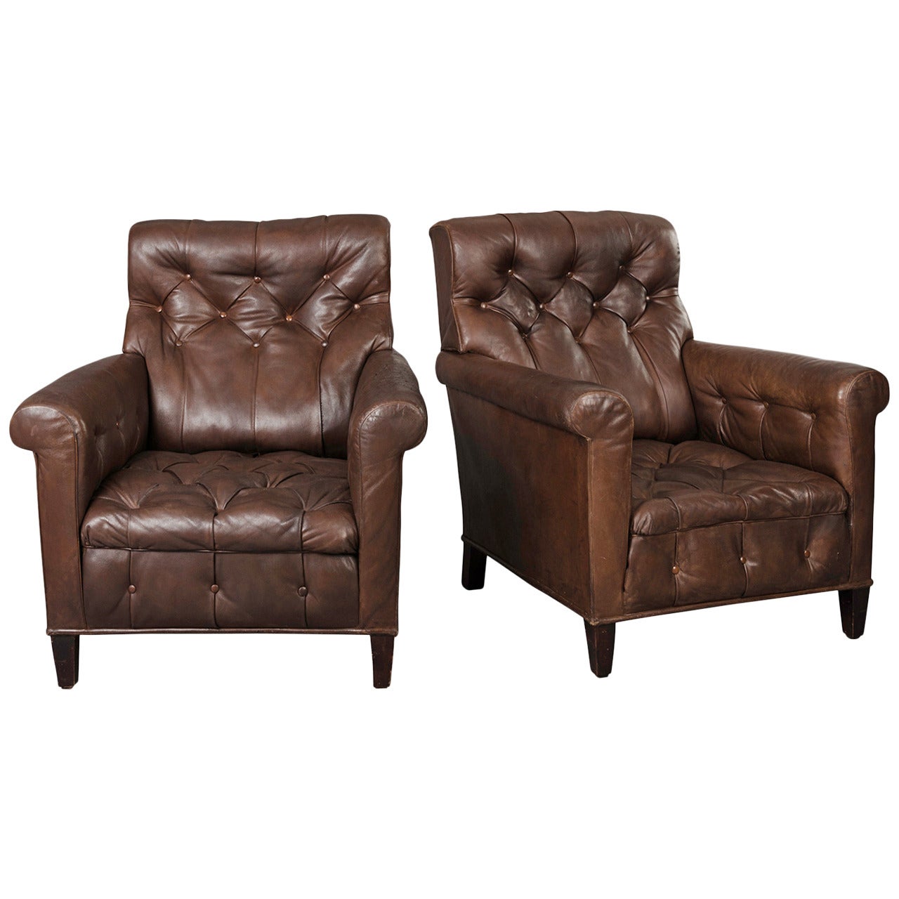 Pair of Early 20th Century Tufted Leather Armchairs For Sale