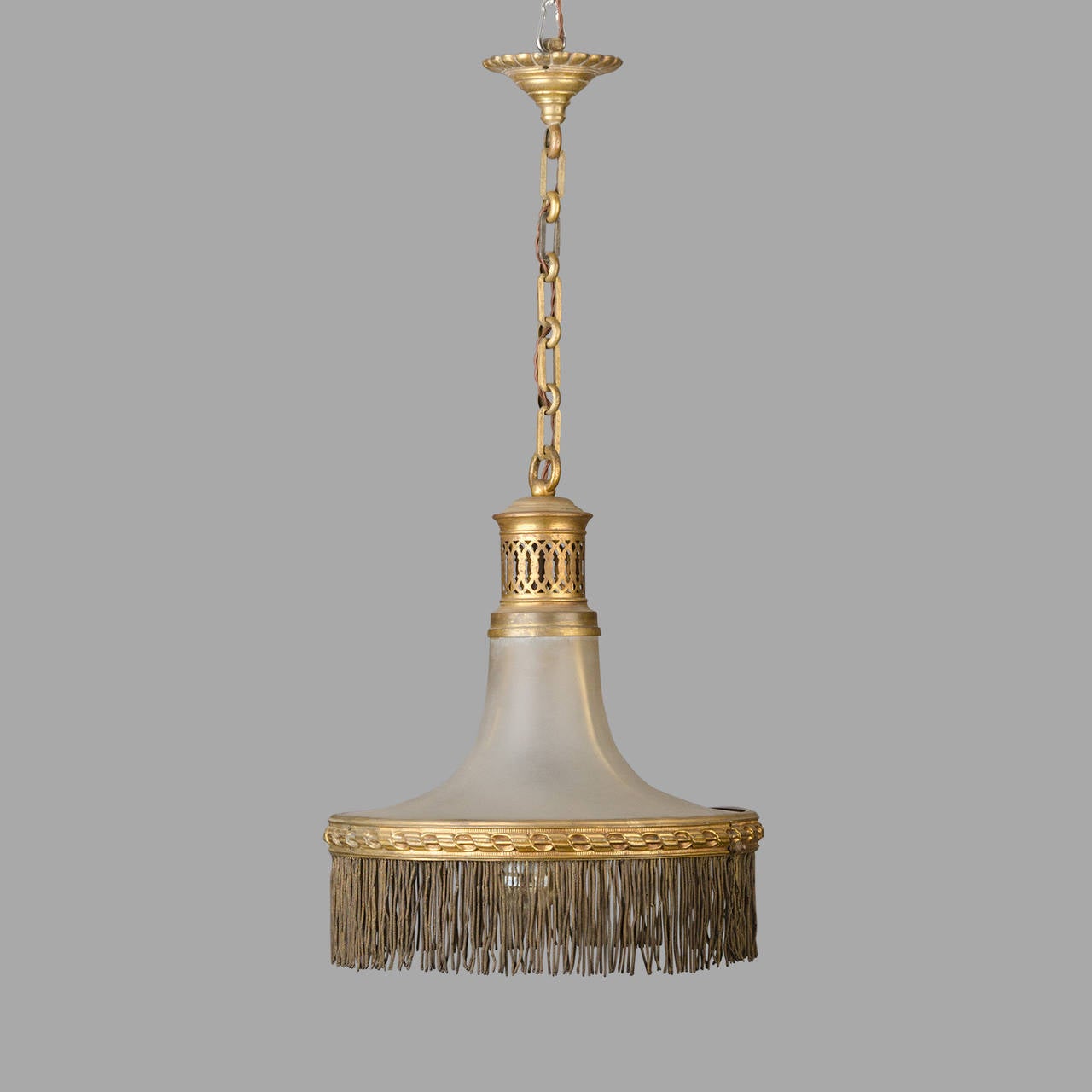 Brass Pendant Light with a Glass Reflector, circa 1920 1