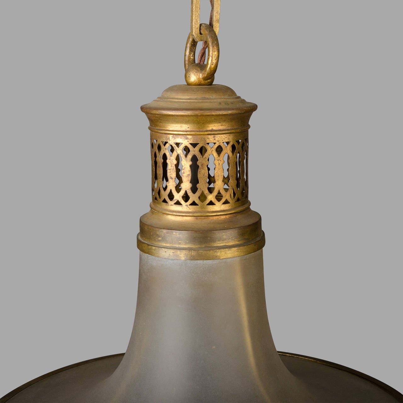 French Brass Pendant Light with a Glass Reflector, circa 1920