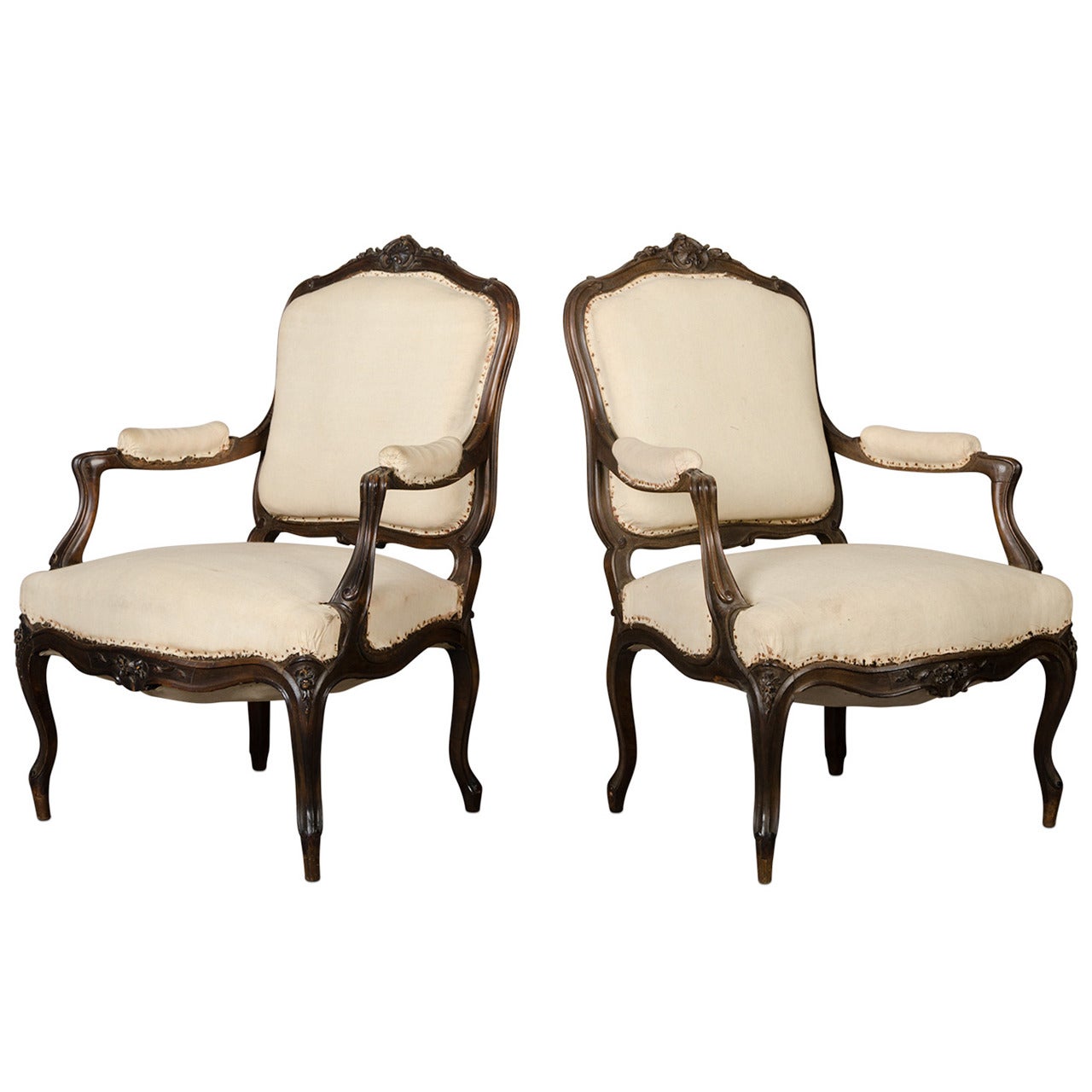 Pair of Louis XV Style Walnut Cabriolet Armchairs For Sale