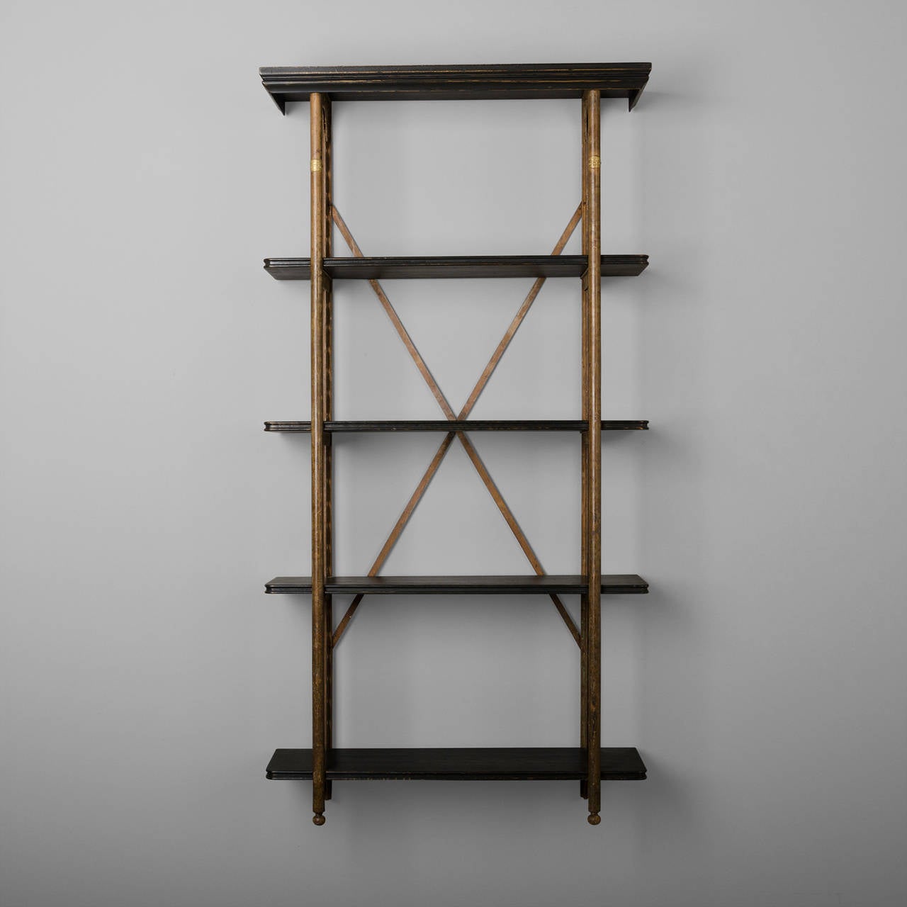 Steel structure steel with capitals and beaded rings, oak shelves. Brass plates 