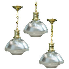 Set of Ten Large Brass Holophane Pendant Lights