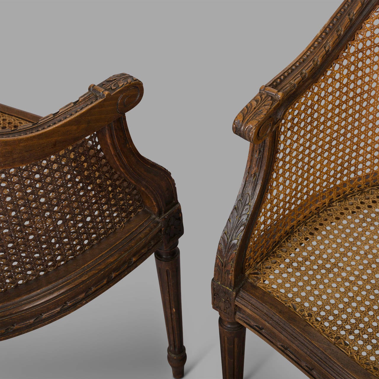 Carved Pair of End of 19th Century Wicker Armchairs in the Louis XVI Style