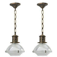 Antique Pair of 
Small Model
 Holophane Pendant Lights