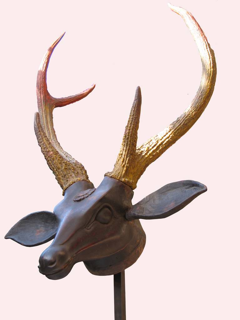 19th Century Handcarved Wooden Ceylon Stag with Real Antlers