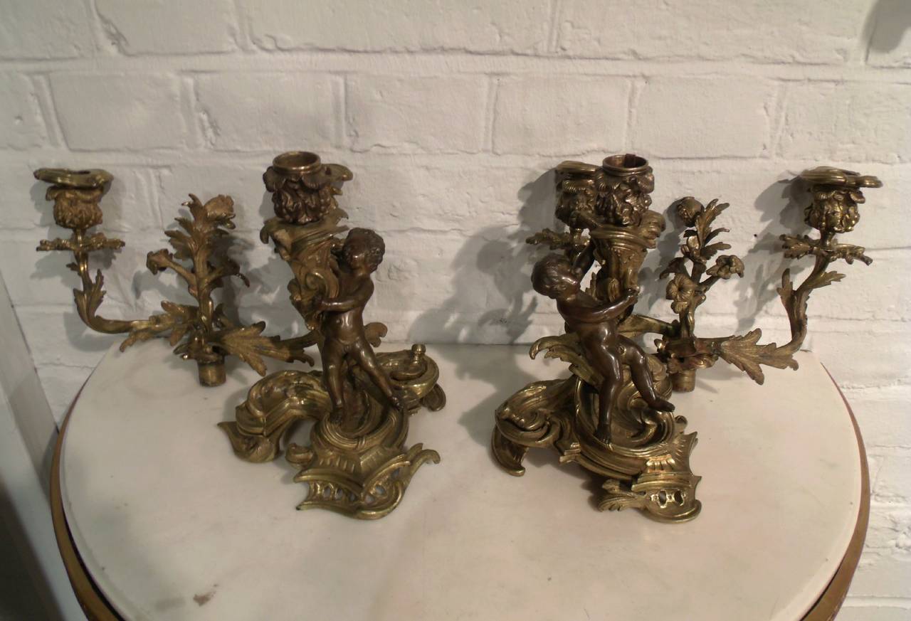 Pair of 19th Century French Bronze and Gilt Bronze Candelabras In Excellent Condition In London, west Sussex