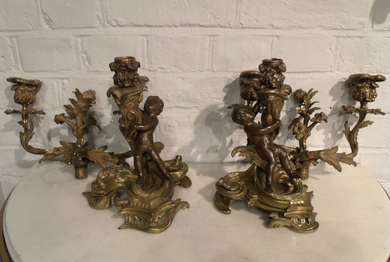 Pair of 19th Century French Bronze and Gilt Bronze Candelabras 1