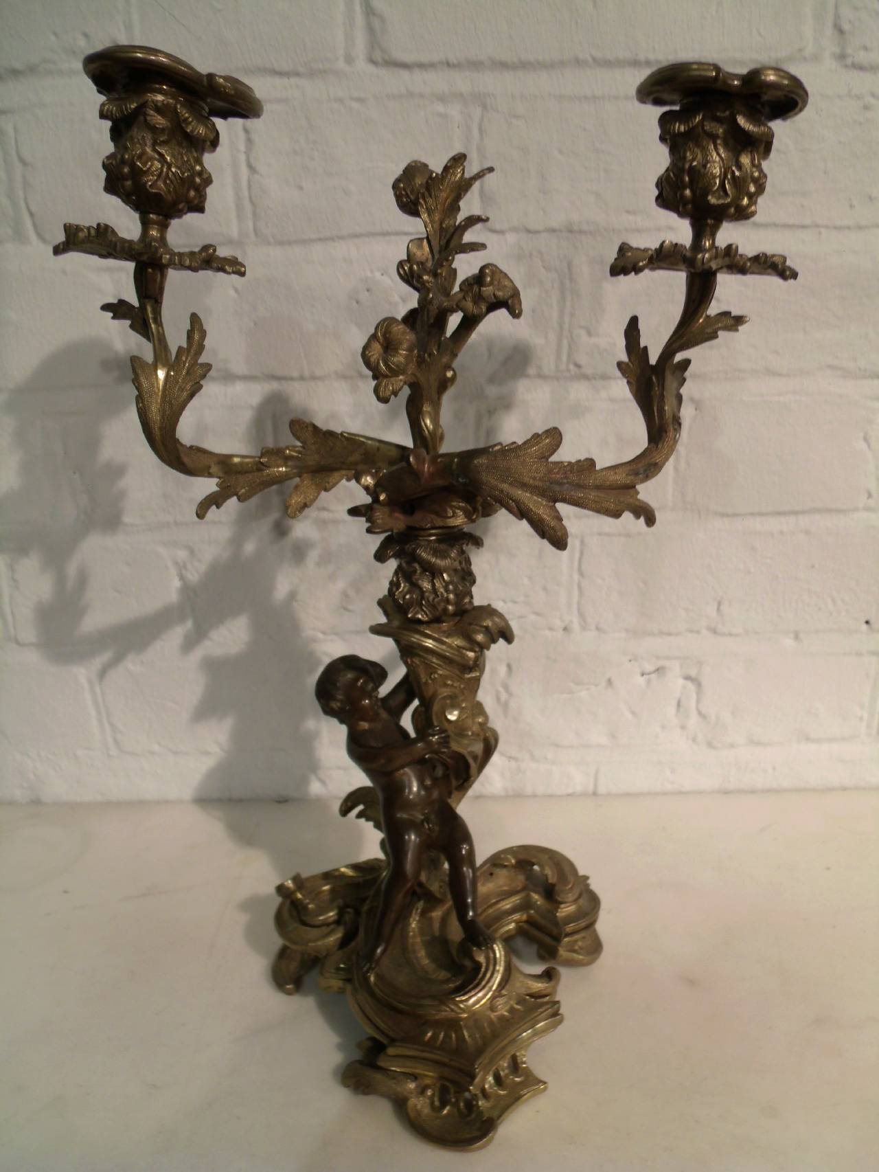 Pair of 19th Century French Bronze and Gilt Bronze Candelabras 2