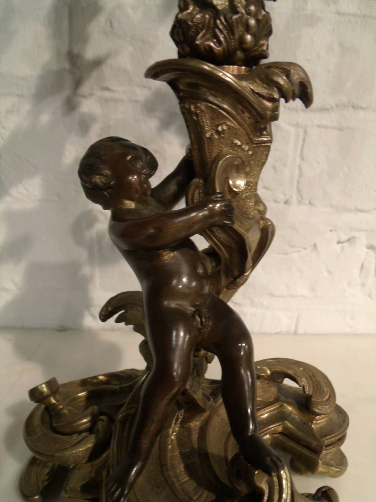 Pair of 19th Century French Bronze and Gilt Bronze Candelabras 3