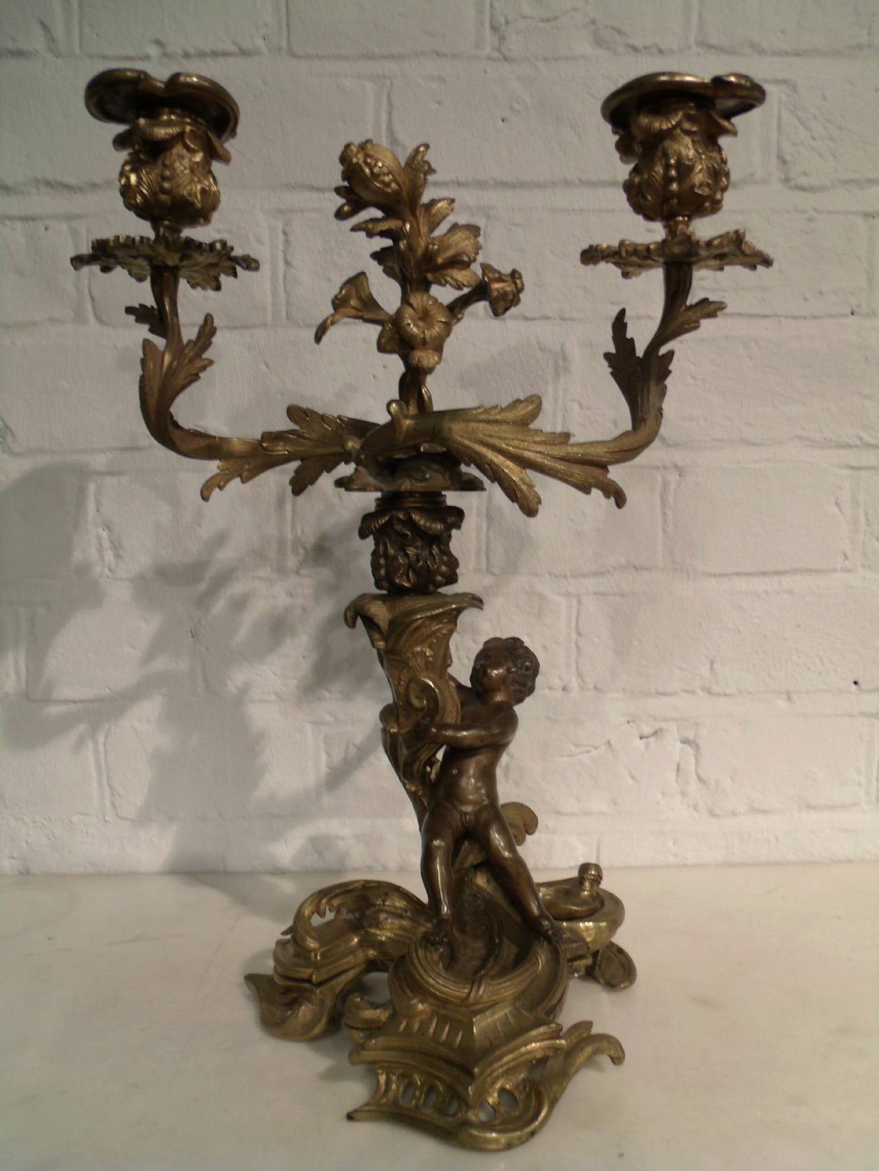 Pair of 19th Century French Bronze and Gilt Bronze Candelabras 5