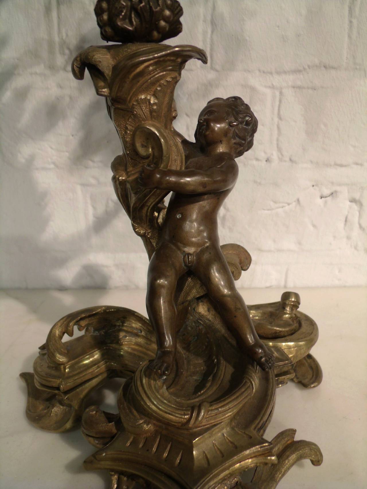 Pair of 19th Century French Bronze and Gilt Bronze Candelabras 6