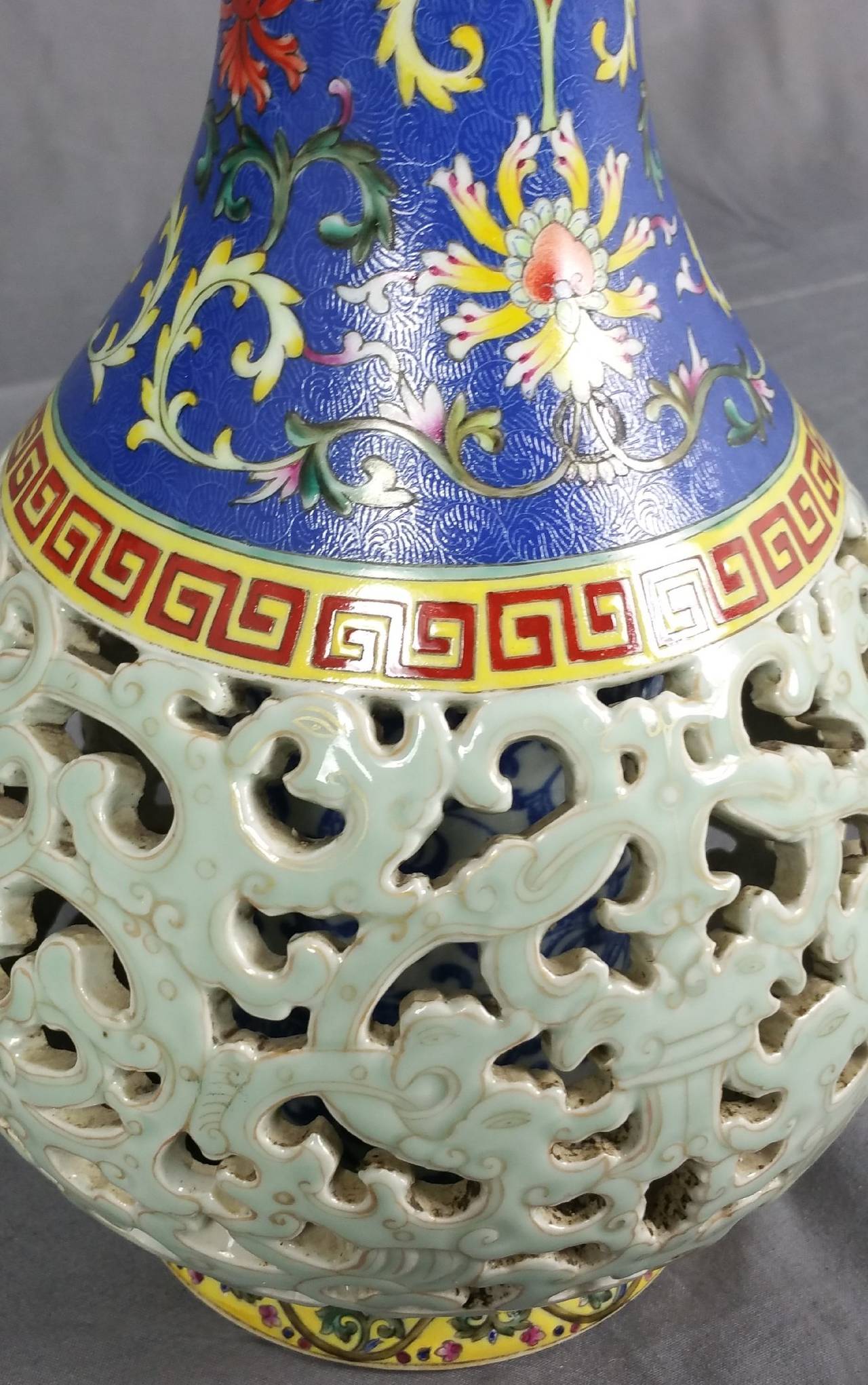This Superb Chinese Republic period reticulated pottery vase is circa 1900 and is in lovely condition with beautiful enamel decoration. The vase has provenance from 1940, when it was brought back from Hong Kong and has stayed with the same Dorset