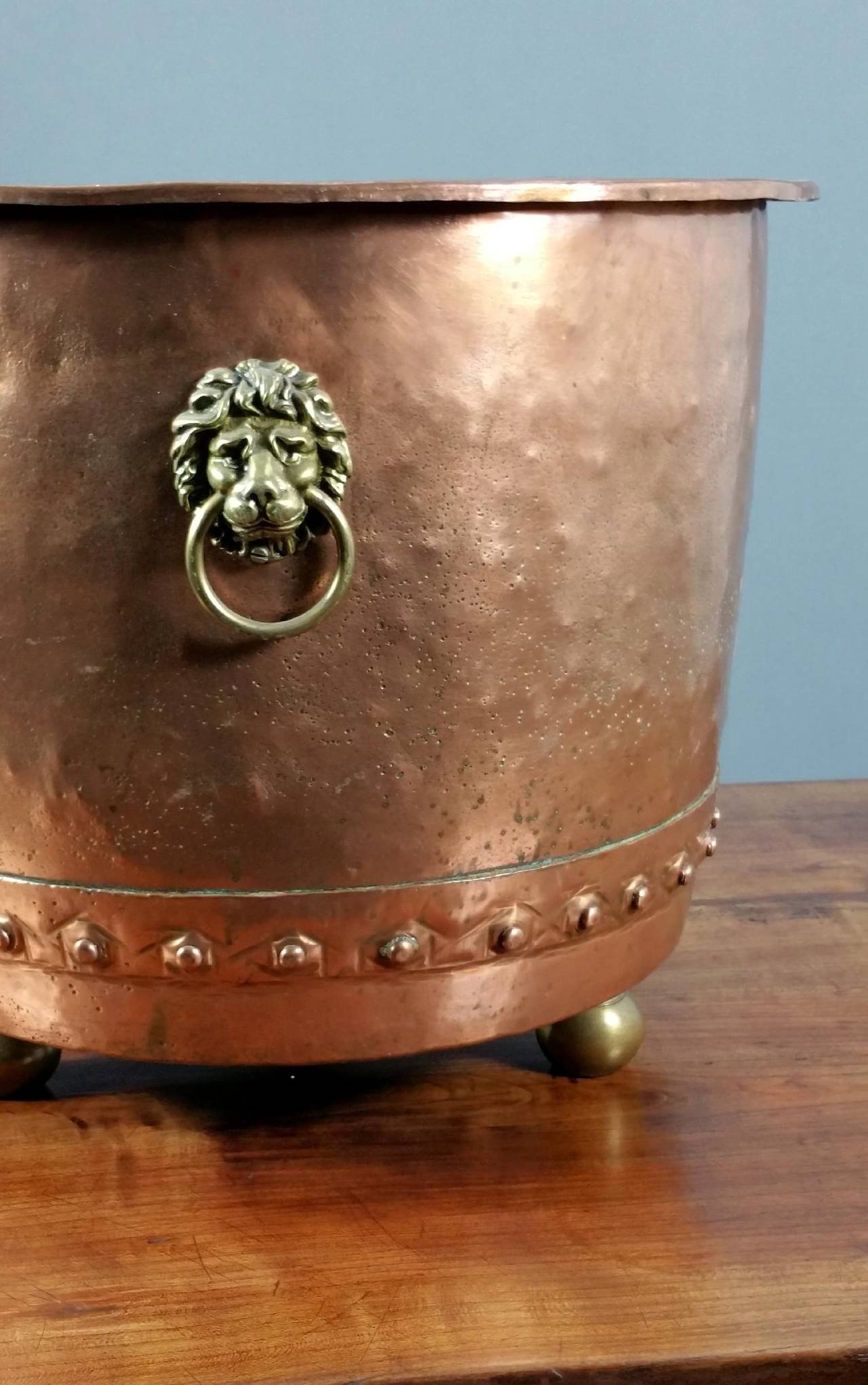Mid-19th Century Large Copper Hopper with Brass Lion Ring Handles and Ball Feet at 1stdibs