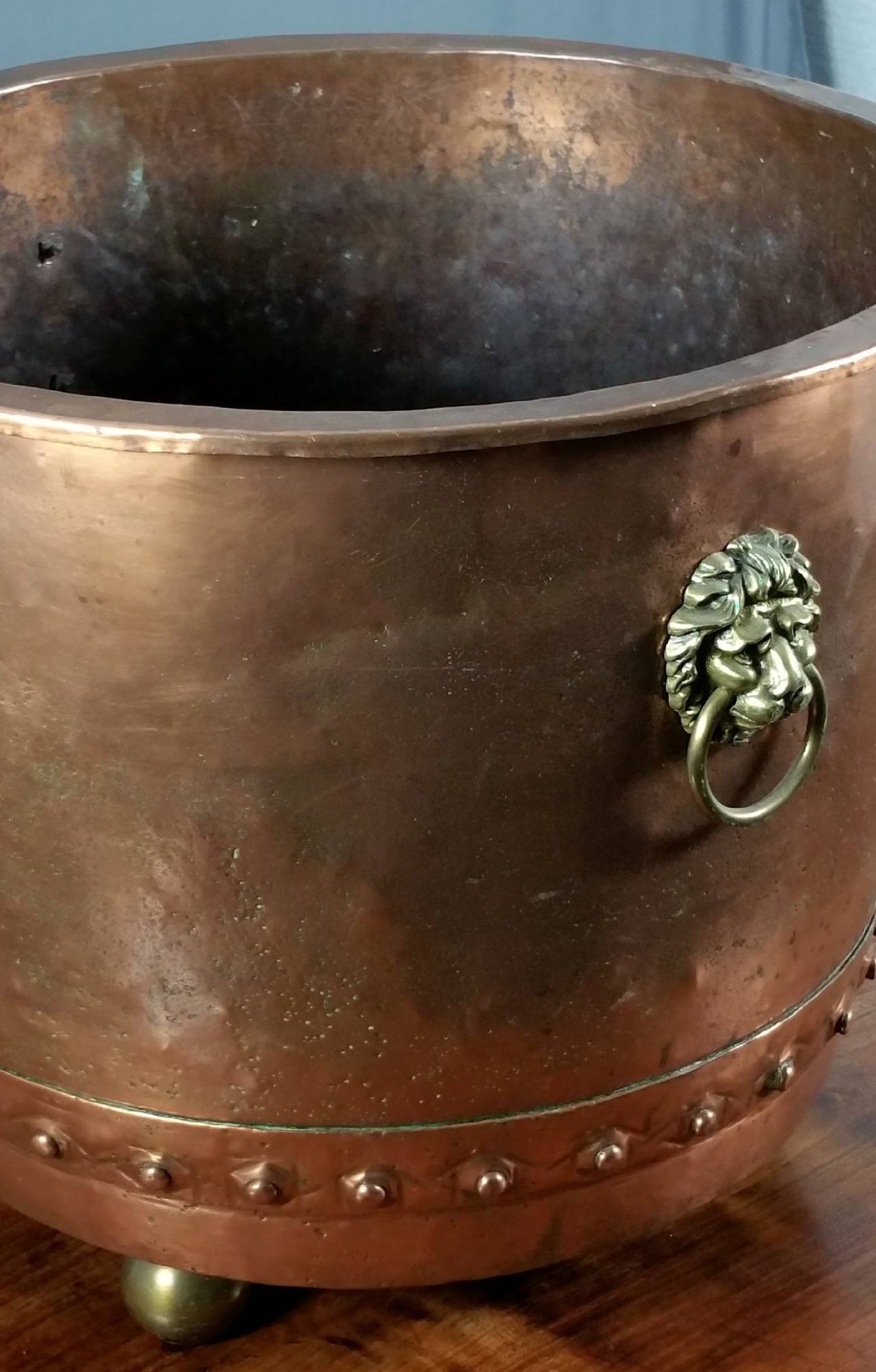 Mid19th Century Large Copper Hopper with Brass Lion Ring Handles and