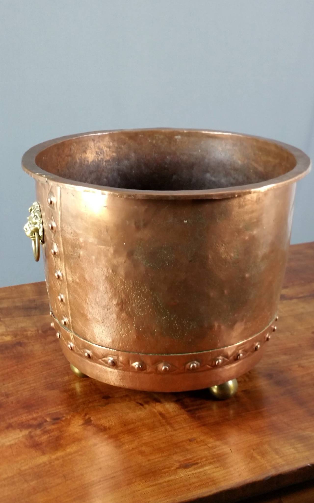 Mid-19th Century Large Copper Hopper with Brass Lion Ring Handles and Ball Feet