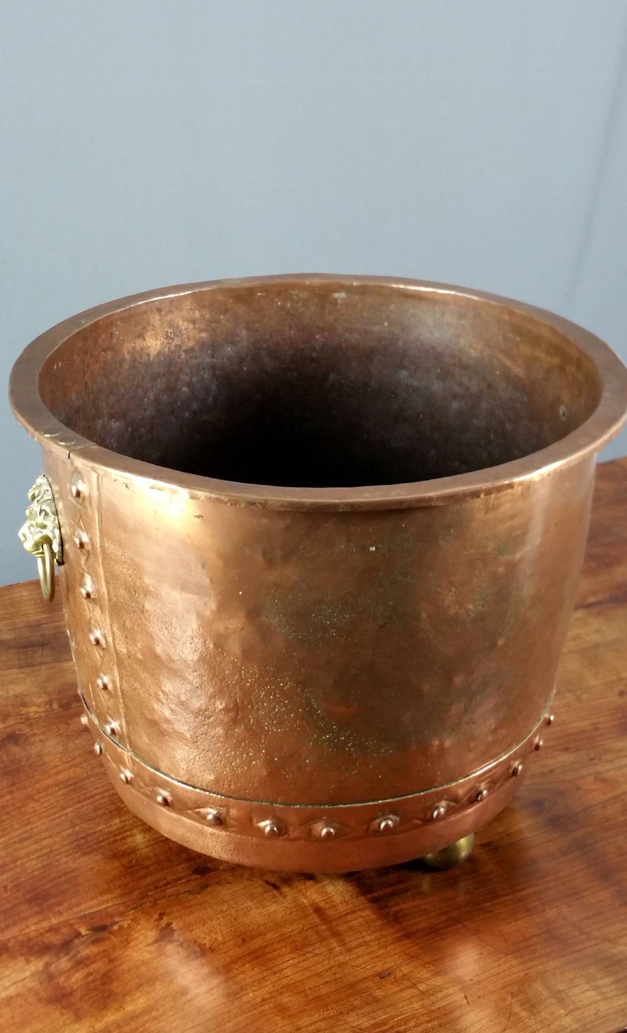 Mid19th Century Large Copper Hopper with Brass Lion Ring Handles and Ball Feet at 1stdibs