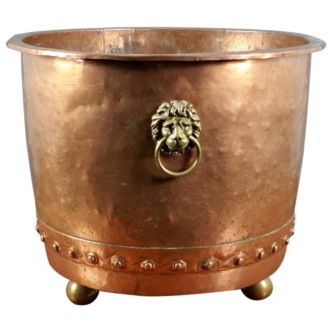 Mid19th Century Large Copper Hopper with Brass Lion Ring Handles and Ball Feet at 1stdibs