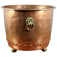 Mid-19th Century Large Copper Hopper with Brass Lion Ring Handles and Ball Feet