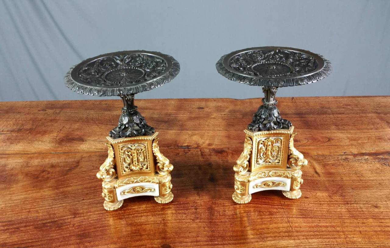 French Pair of 19th Century Bronze, Ormolu and Marble Tazzas