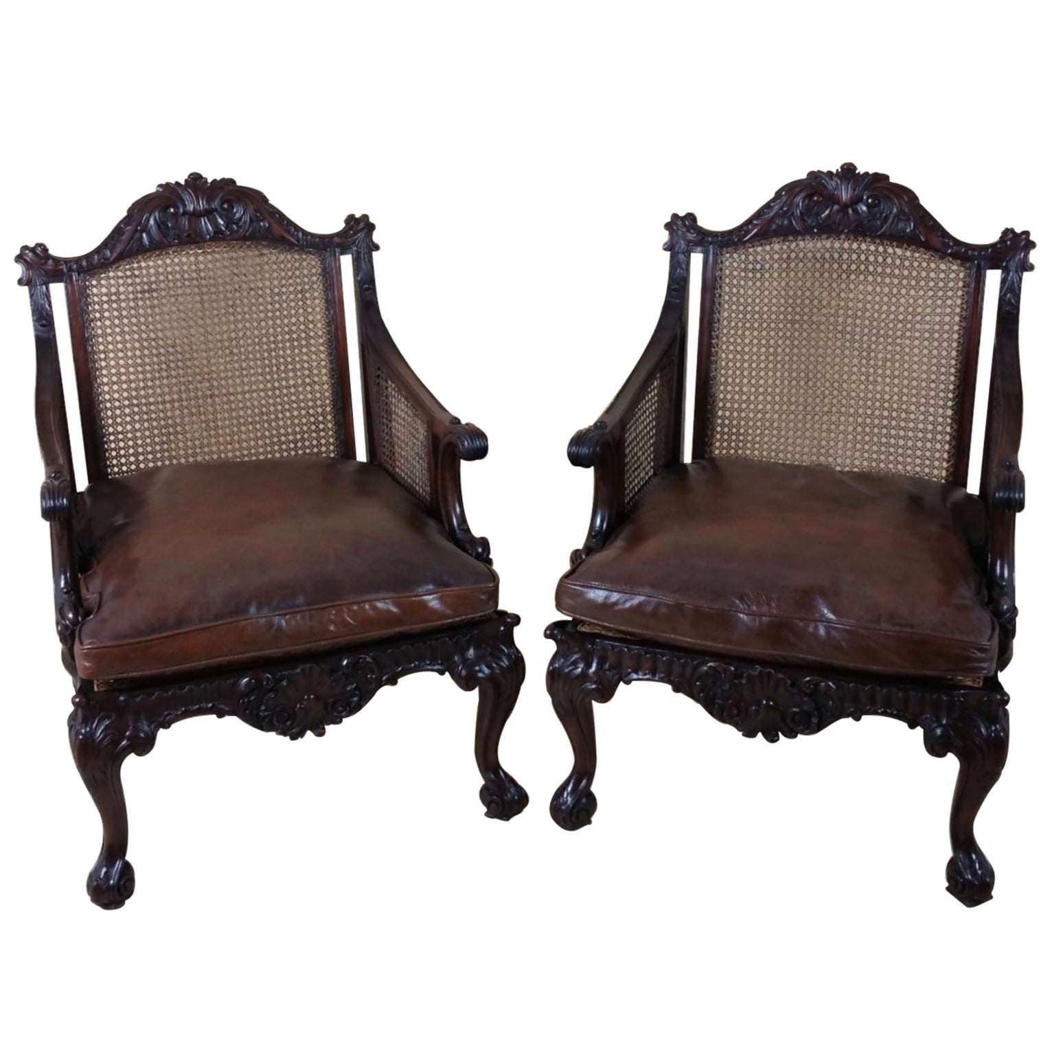 Pair of 19th Century Georgian Style Carved Mahogany Library Chairs
