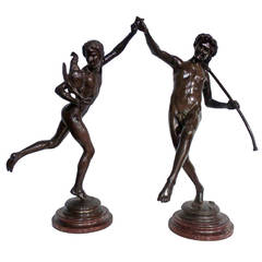 Pair of Early 19th C. French Bronze Figures on Ormolu and Marble Bases