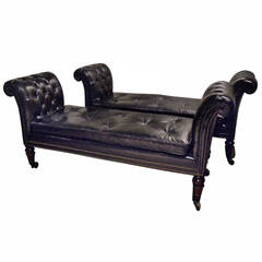 Antique Pair of 19th Century Black Leather Upholstered Window Seats