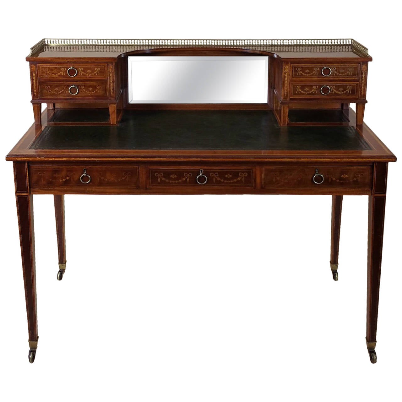 Victorian Marquetry Inlaid Mahogany Writing Table with Brass Gallery