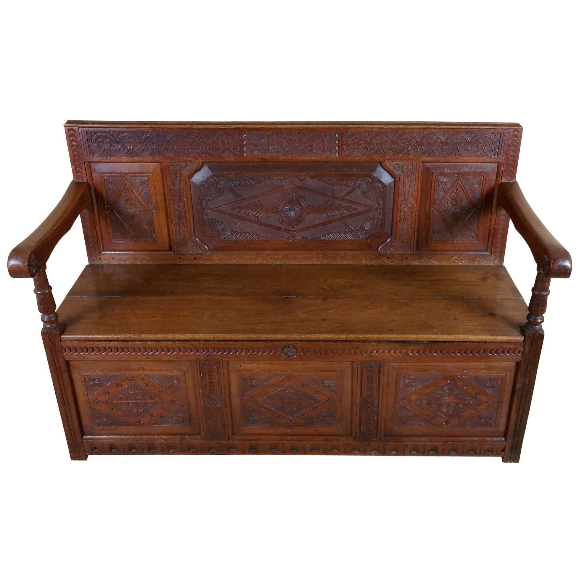 Victorian Carved Oak Settle with Rising Seat
